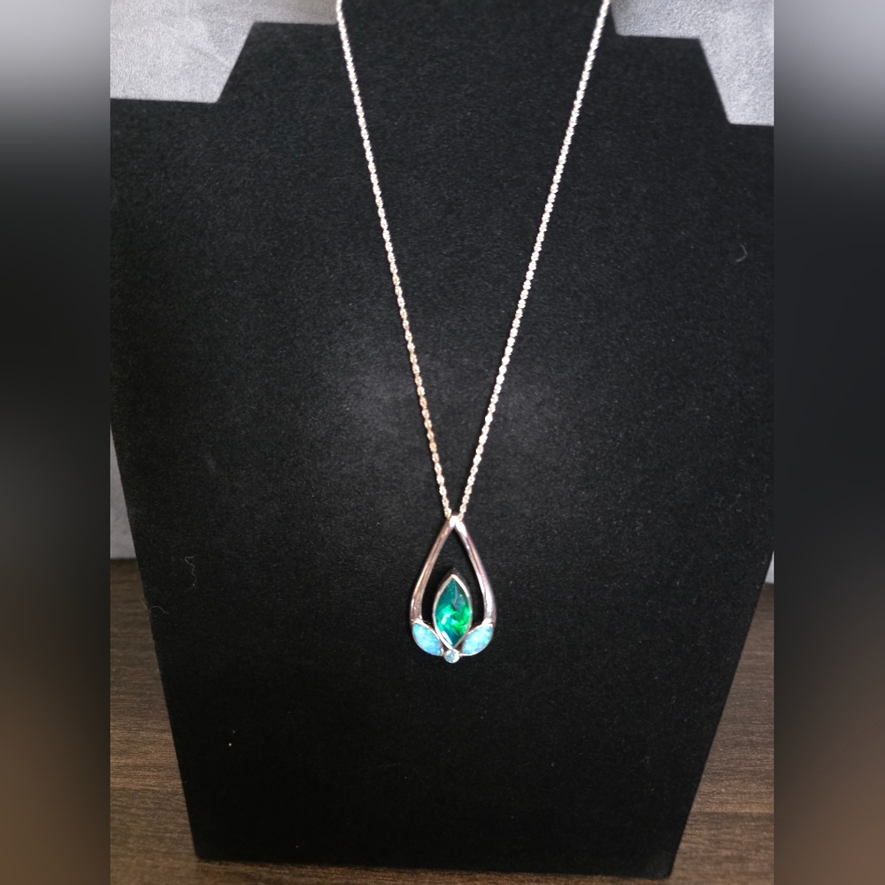 Kohl's Silver Necklace with Blue-Green QUARTZ and BLUE OPAL Teardrop Pendant